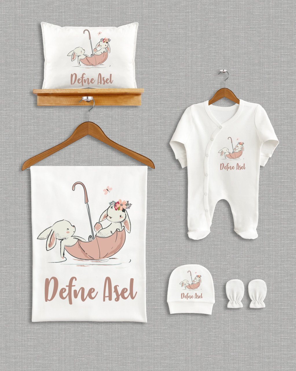 Şemsiyede Sevimli Tavşan Tasarımı  5'li Organik Hastane Çıkışı