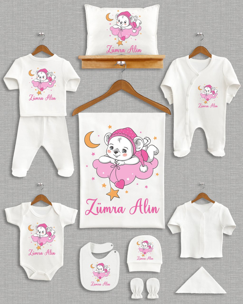 Pembe Bulutlu Sevimli Ayıcık Tasarımı 11'li Organik  Hastane Çıkışı