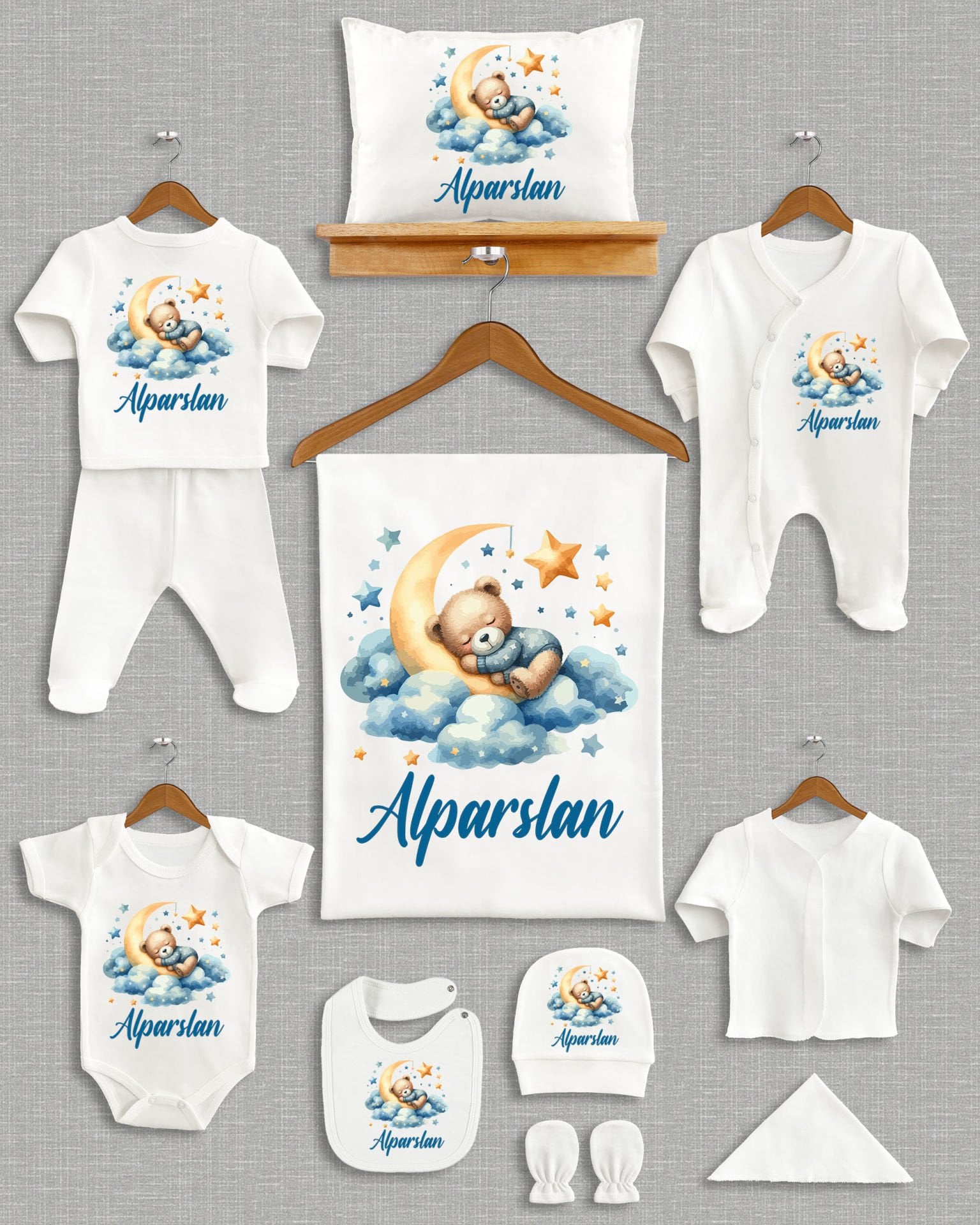 Ay Üstünde Uyuyan Ayıcık Tasarım 11'li Organik İsme Özel Hastane Çıkışı