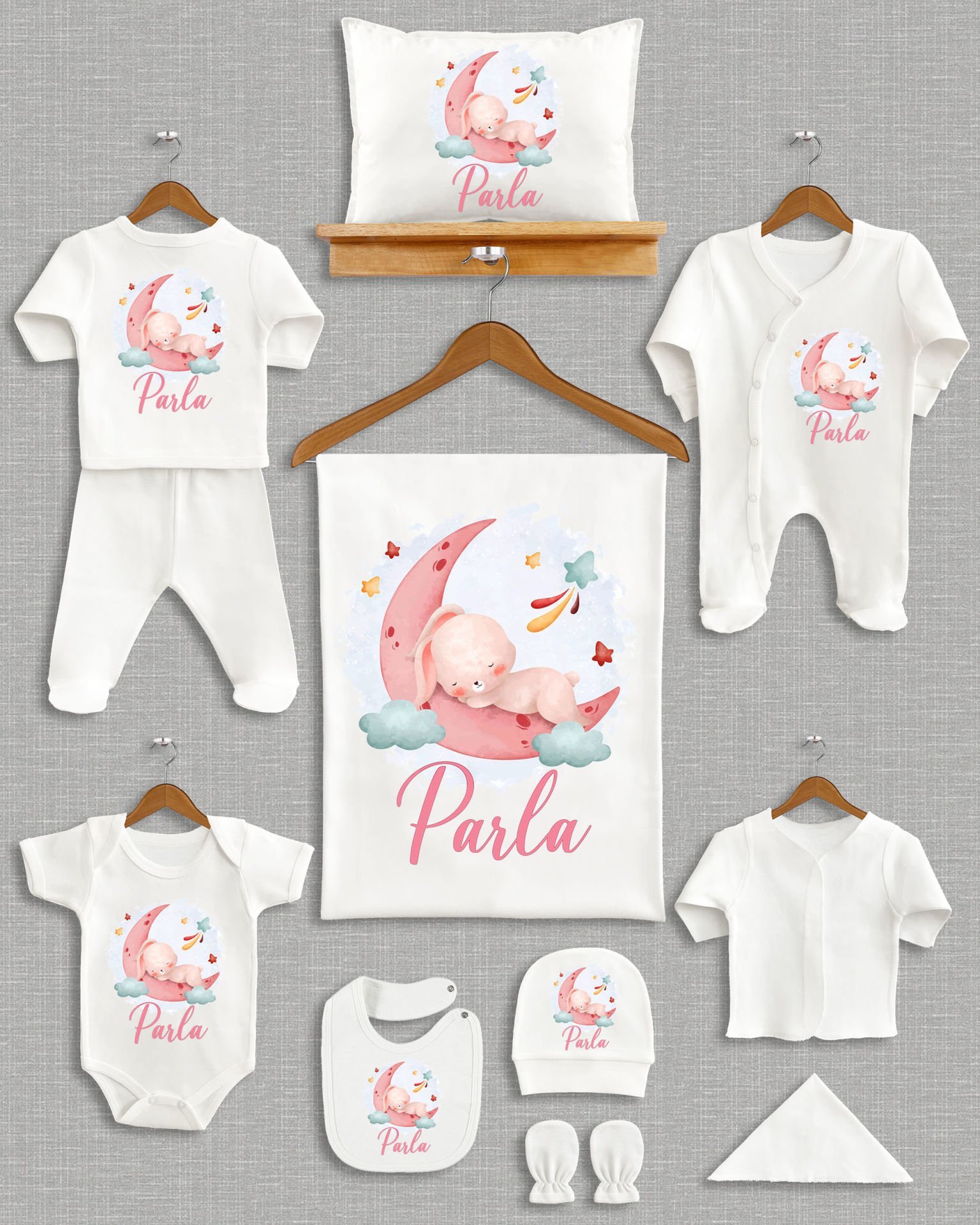 Ay Üstünde Sevimli Tavşan Tasarımı 11'li Organik İsme Özel Hastane Çıkışı