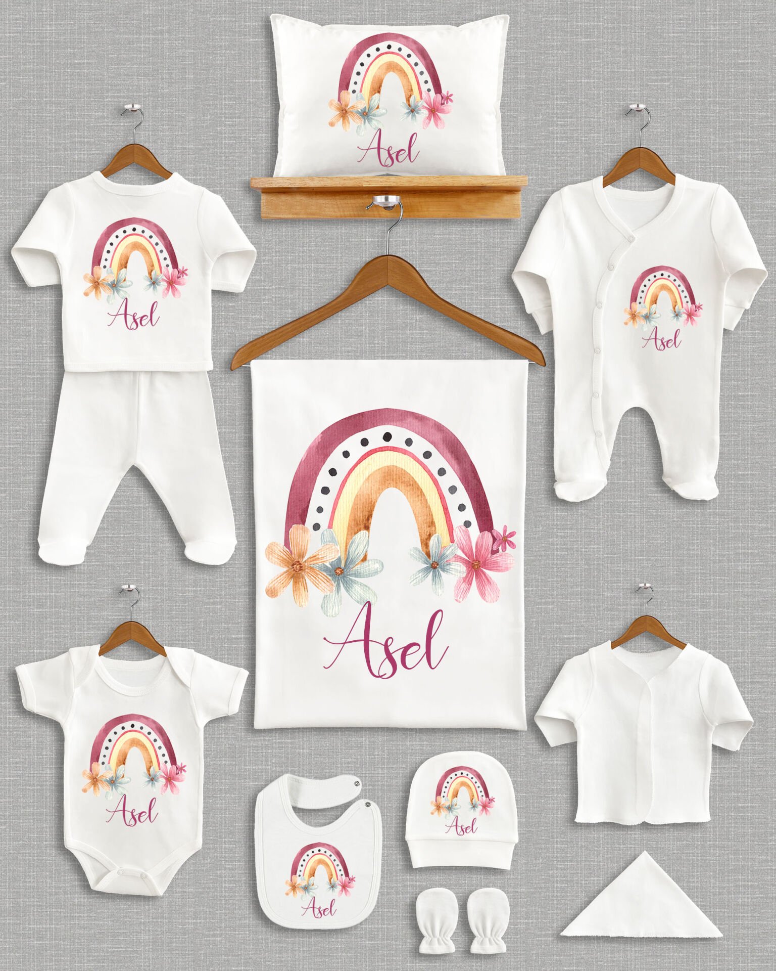 Çiçekli Gökkuşağı Tasarımı 11'li Organik İsme Özel Hastane Çıkışı