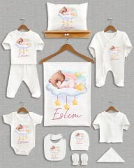 Bulut Üstünde Uyuyan Sevimli Ayıcık Tasarımı 11'li Organik İsme Özel Hastane Çıkışı