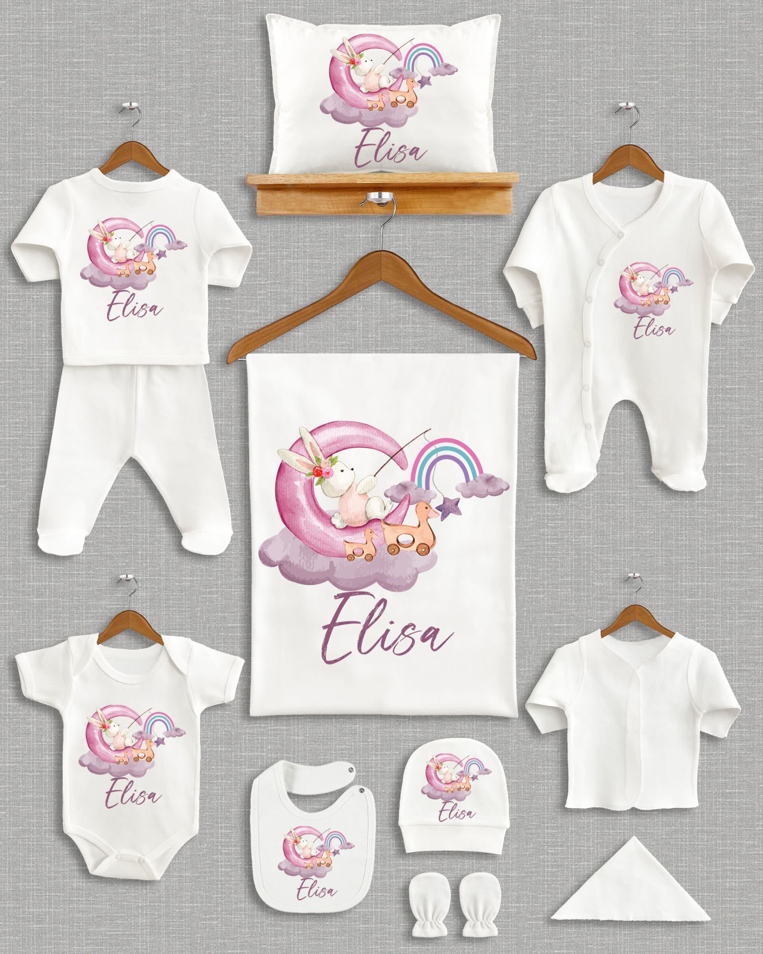 Ay Üstünde Sevimli Tavşan Tasarımı 11'li Organik İsme Özel Hastane Çıkışı