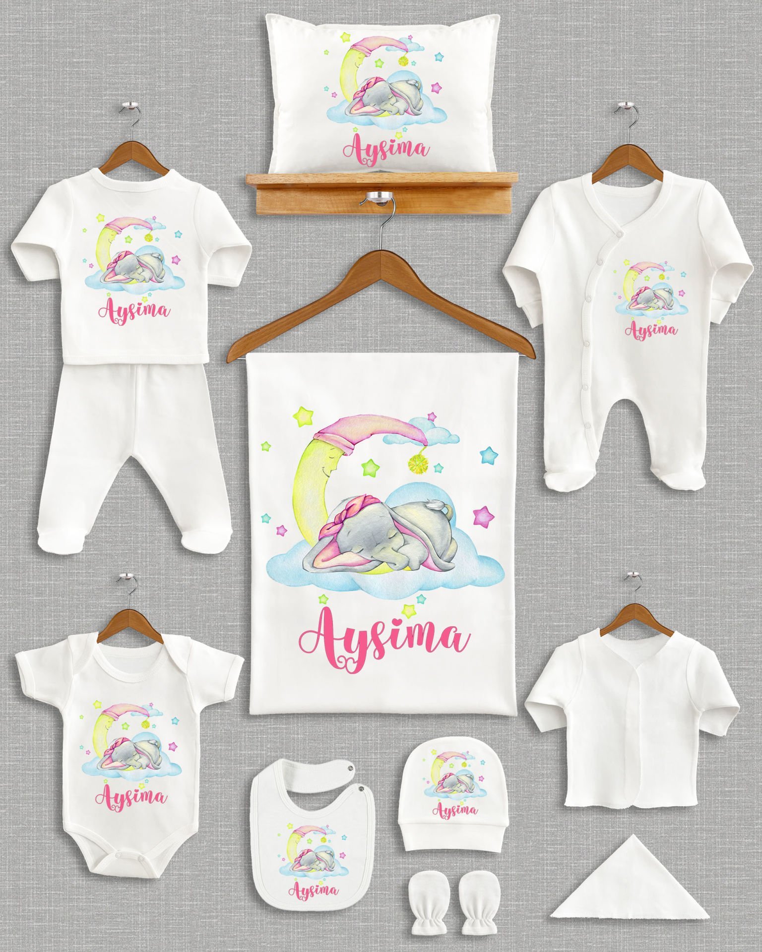 Ay Üstünde Uyuyan Sevimli Fil Tasarımı 11'li Organik İsme Özel Hastane Çıkışı