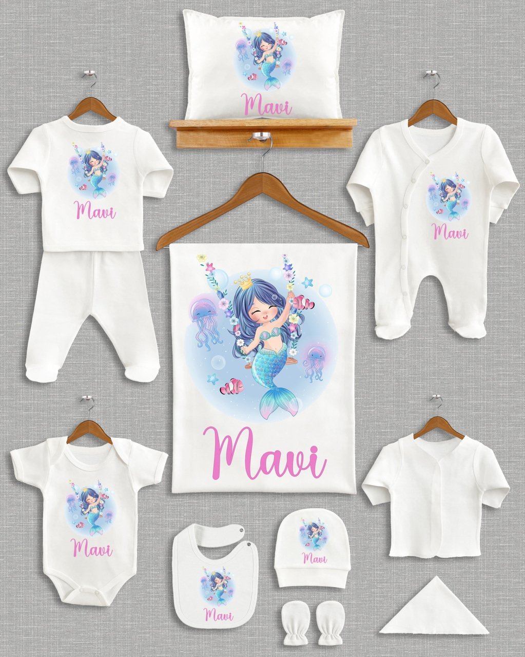 Mavi Pembeli Denizkızı Tasarımı 11'li Organik  Hastane Çıkışı