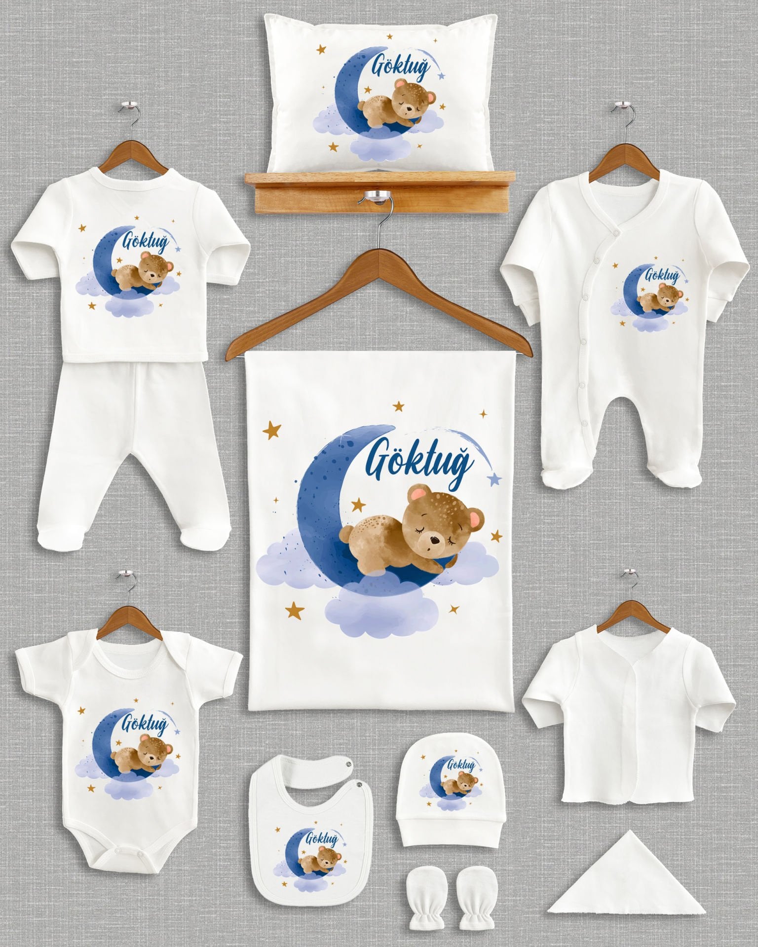 Ay Üstünde Sevimli Ayıcık Tasarımı 11'li Organik İsme Özel Hastane Çıkışı