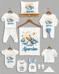 Ay Üstünde Uyuyan Ayıcık Tasarımı Ponponlu Tavşan Kulaklı 11'li Organik Hastane Çıkışı