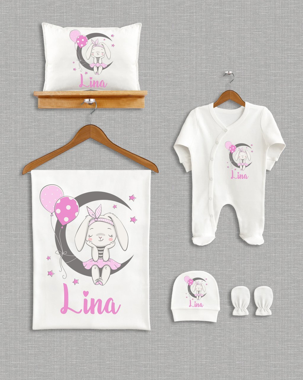 Ay Üzerinde Sevimli Tavşan Kız Tasarımı  5'li Organik Hastane Çıkışı