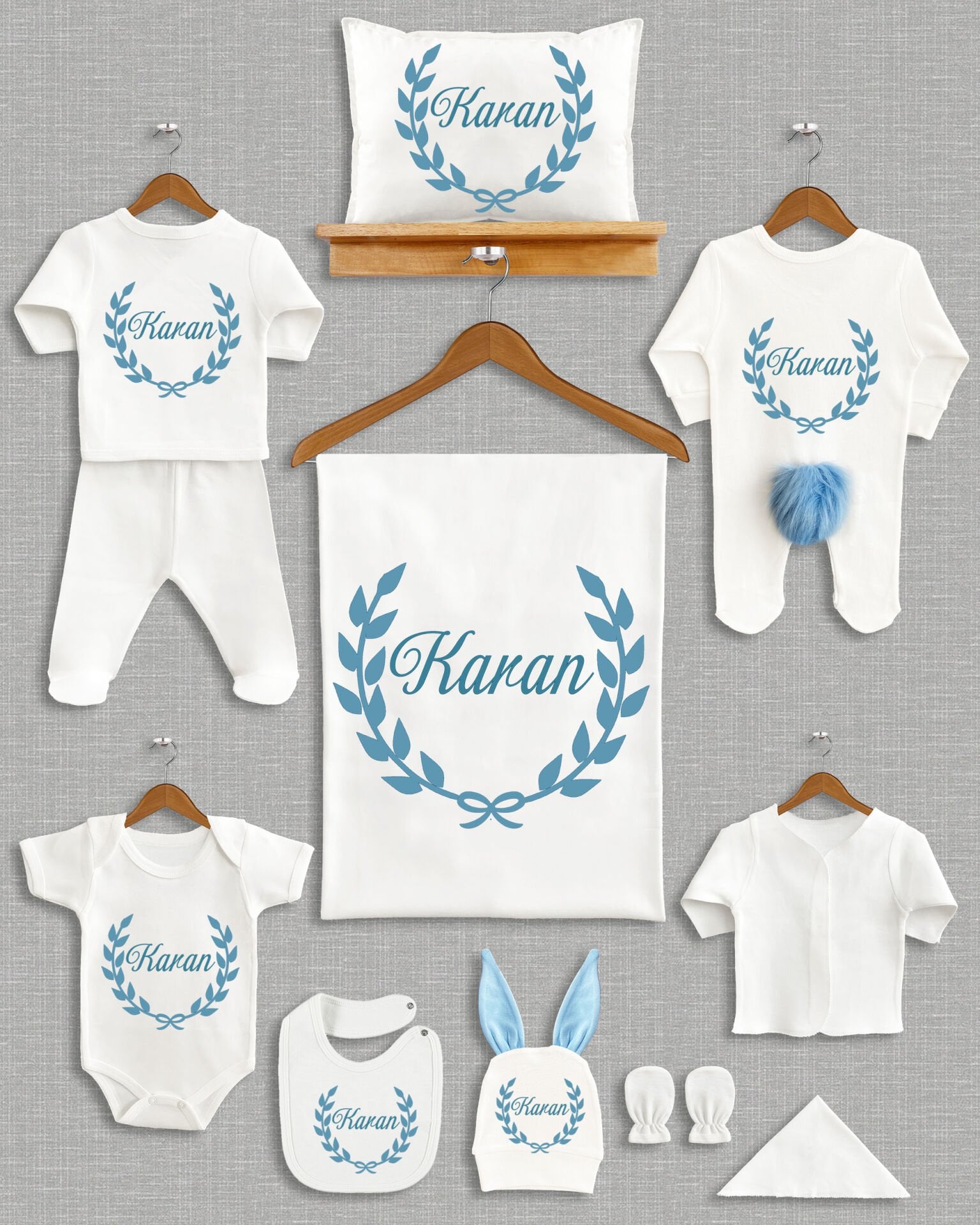 Mavi Çelenk Tasarımı Ponponlu Tavşan Kulaklı 11'li Organik Hastane Çıkışı