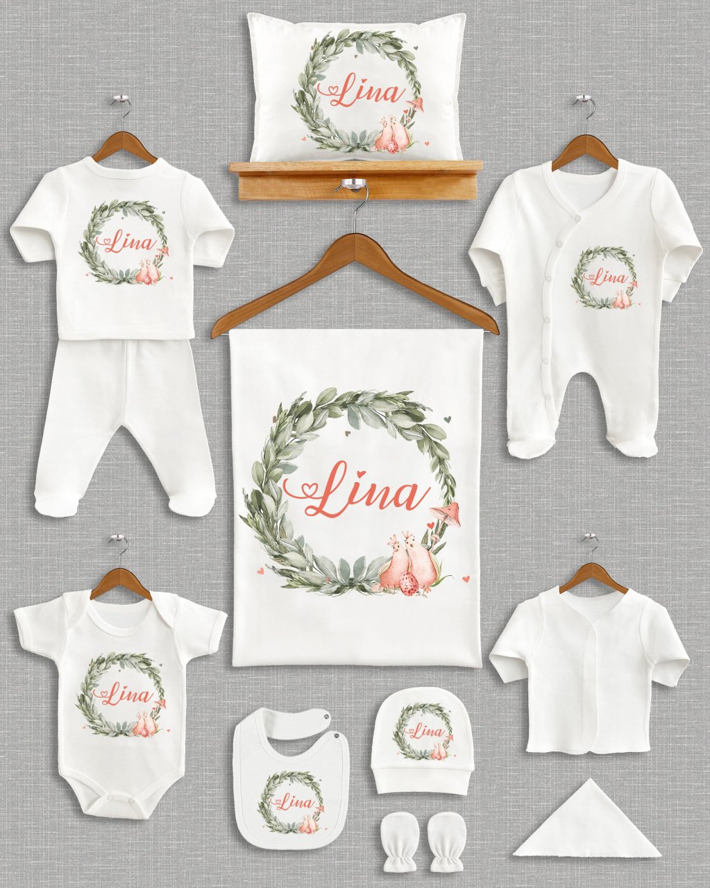 Yeşil Yapraklı Kuş Temalı 11'li Organik  Hastane Çıkışı