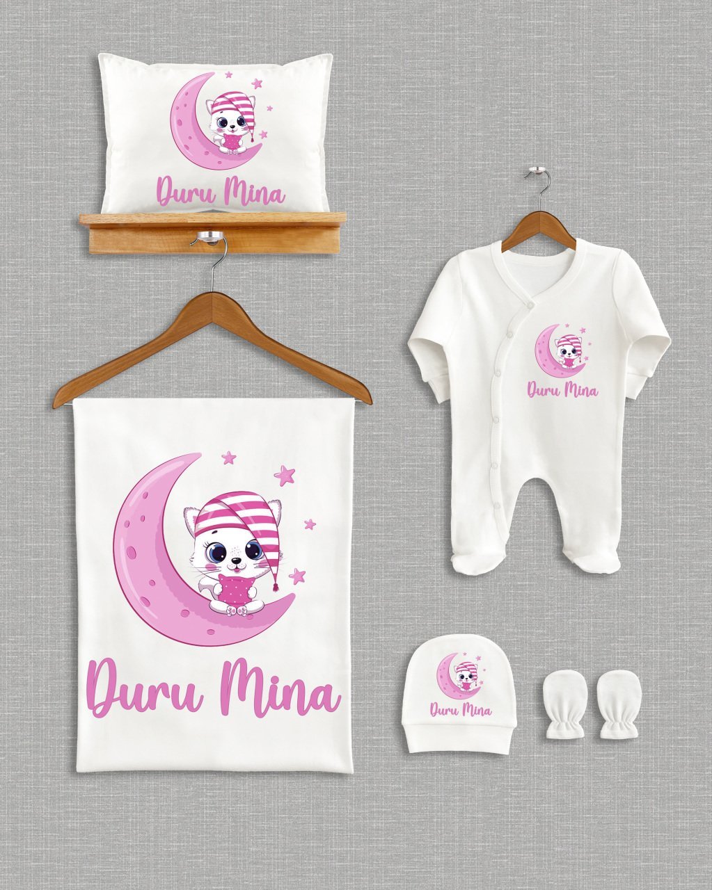 Ay Üzerinde Sevimli Kedi Tasarımı  5'li Organik Hastane Çıkışı