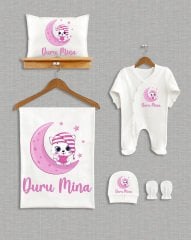 Ay Üzerinde Sevimli Kedi Tasarımı  5'li Organik Hastane Çıkışı