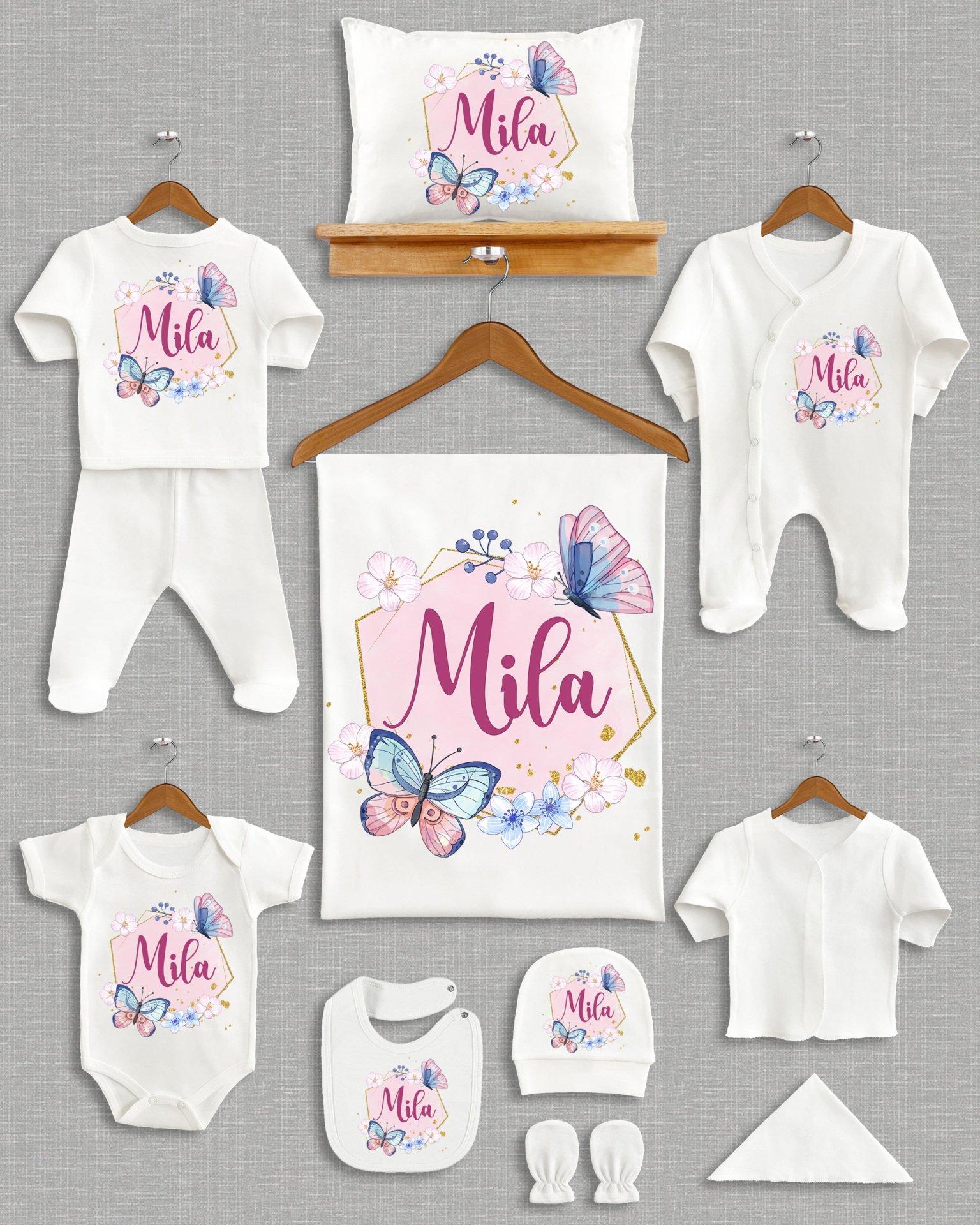 Renkli Kelebekli Tasarım 11'li Organik  Hastane Çıkışı