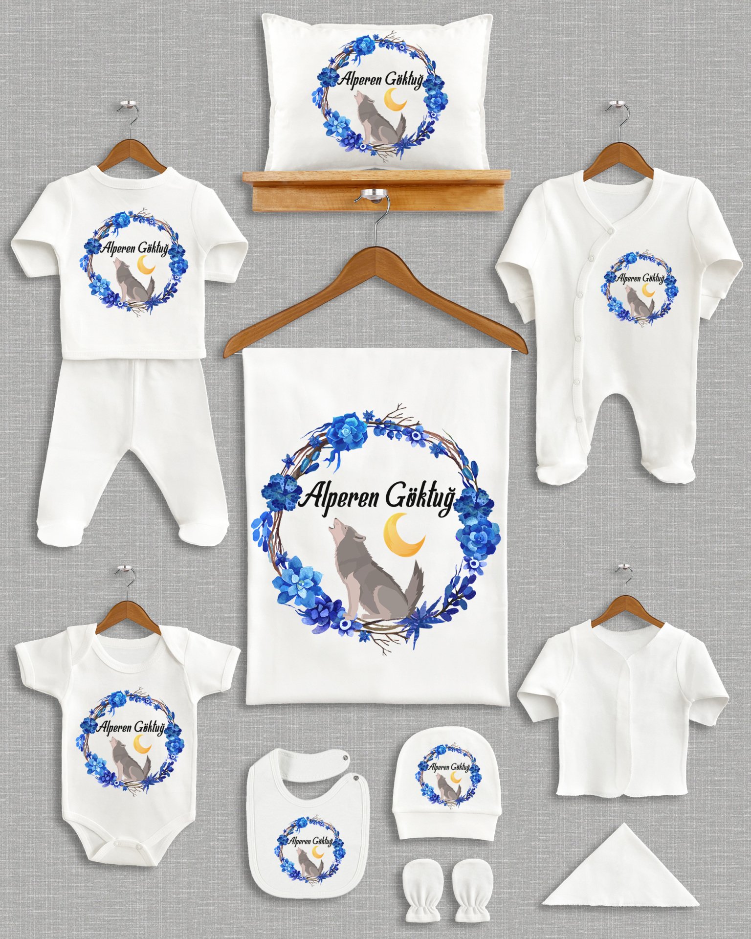 Mavi Çelenkli Kurt Tasarımı 11'li Organik  Hastane Çıkışı