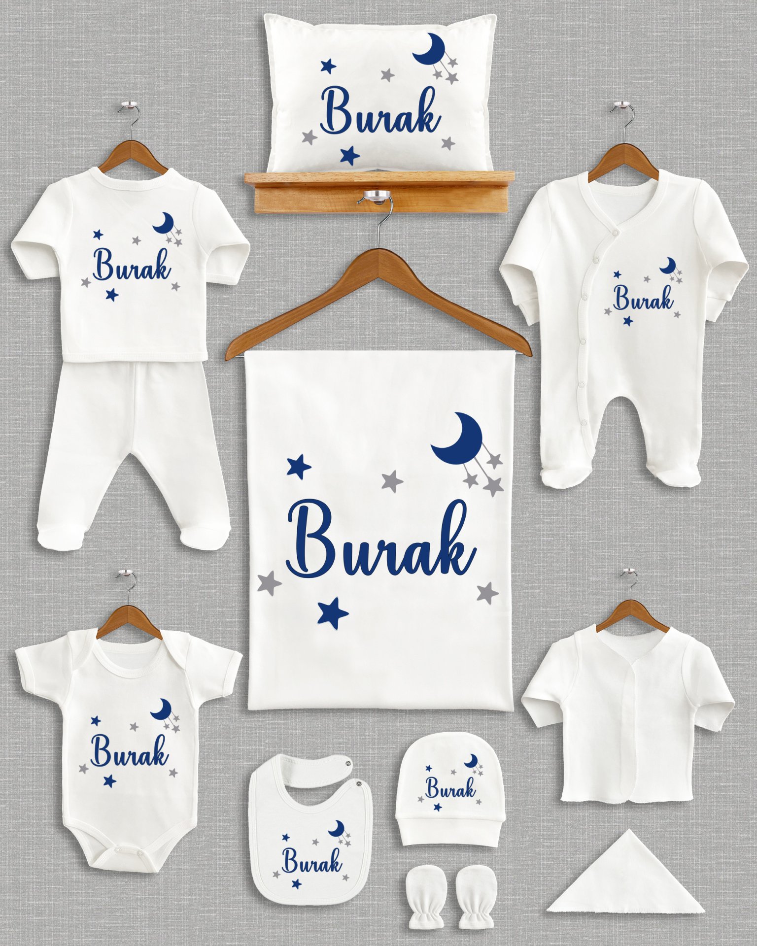 Mavi Gri Yıldızlı Tasarımı 11'li Organik  Hastane Çıkışı