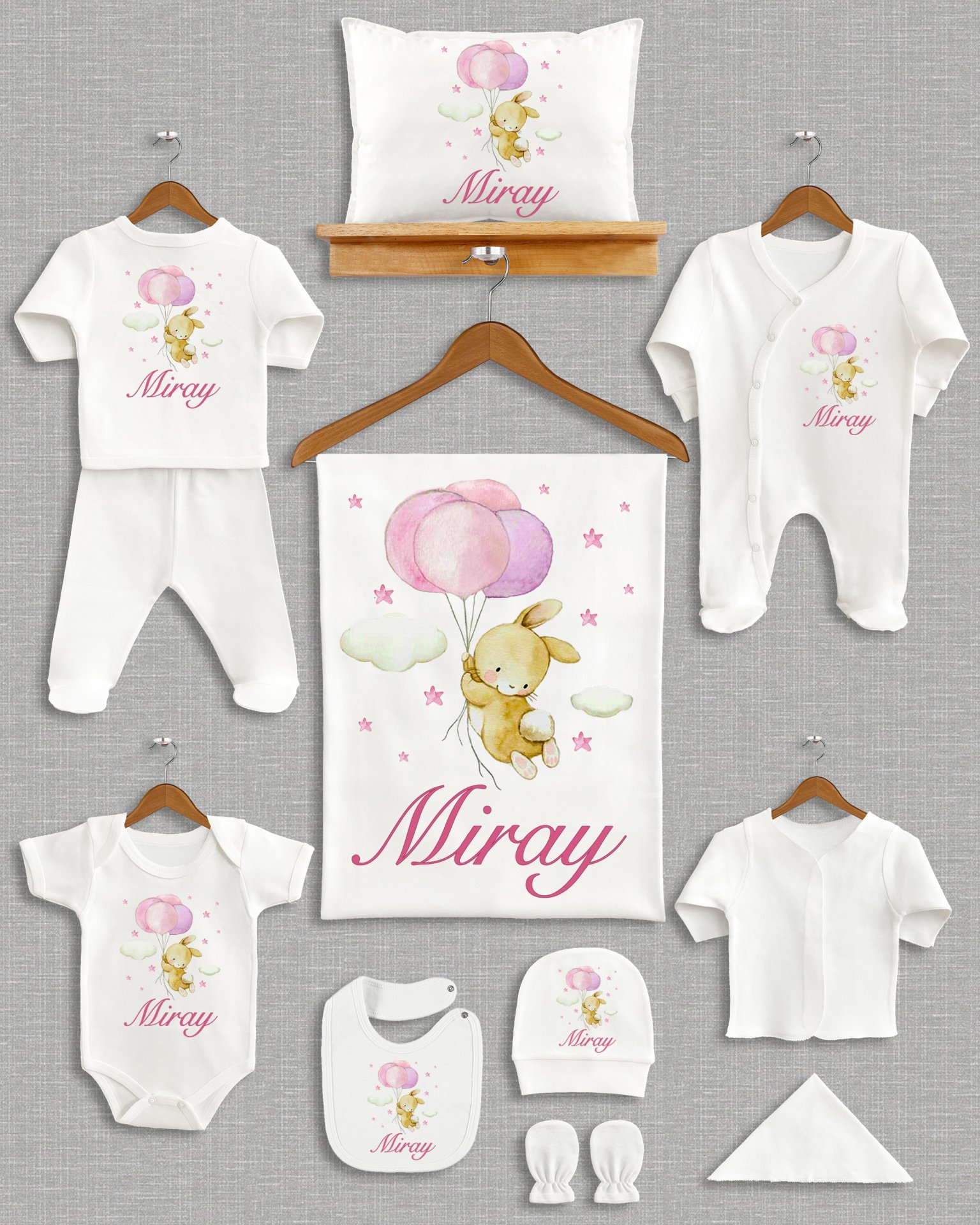 Balon Tutan Sevimli Tavşan Tasarımı 11'li Organik  Hastane Çıkışı