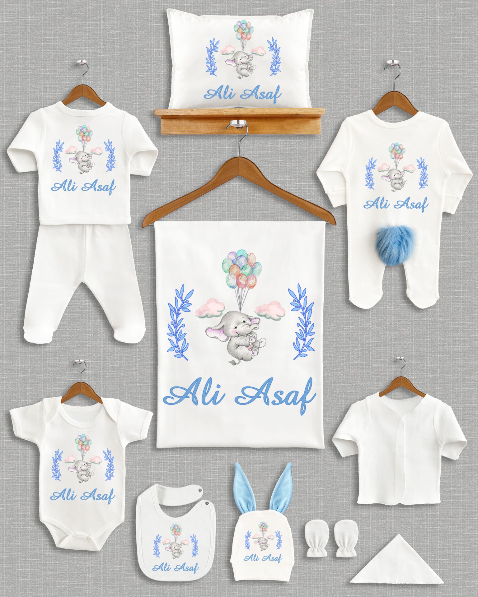 Balon Tutan Sevimli Fil Tasarımı Ponponlu Tavşan Kulaklı 11'li Organik Hastane Çıkışı