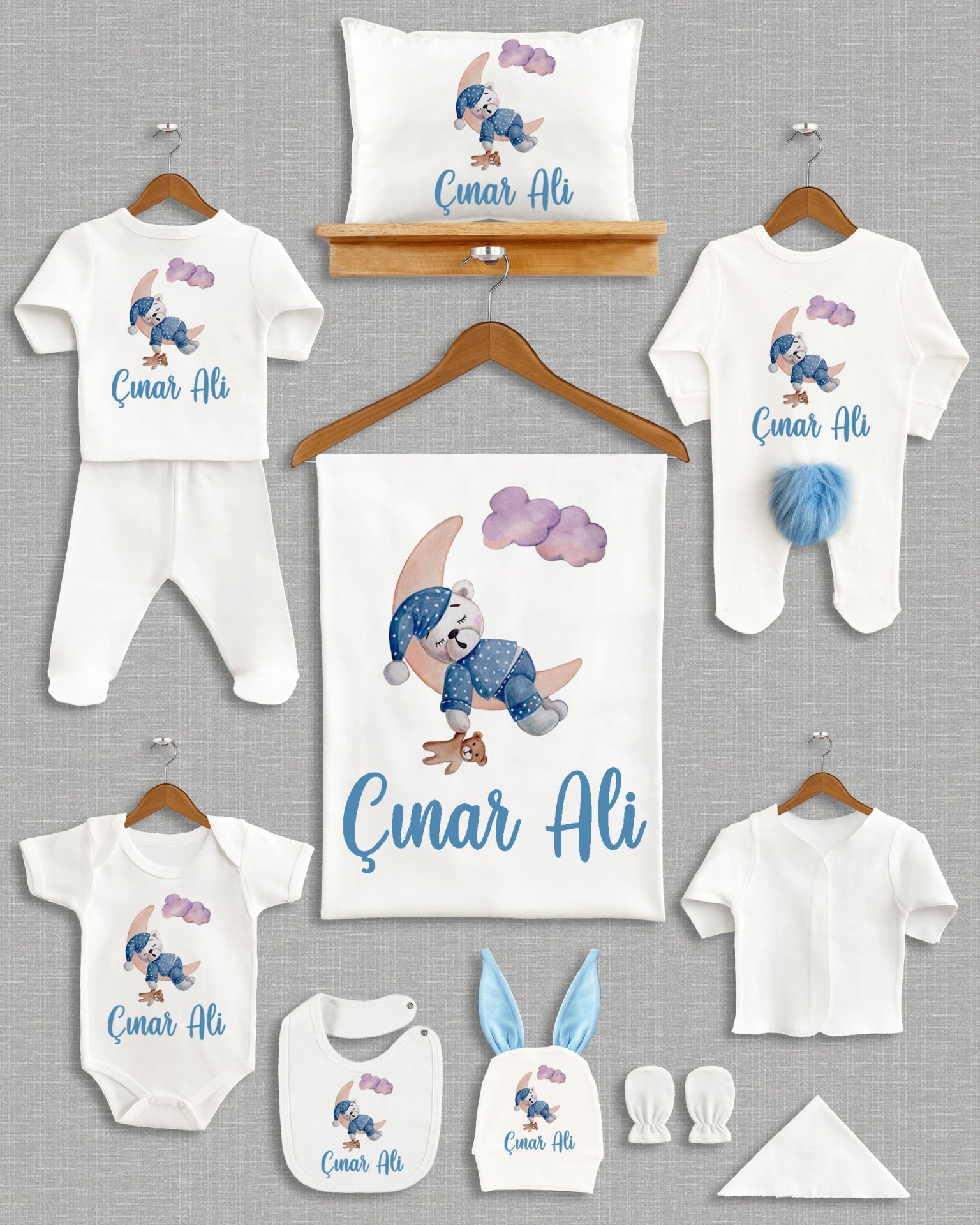 Ay Üzerinde Uyuyan Sevimli Ayıcık Tasarımı Ponponlu Tavşan Kulaklı 11'li Organik Hastane Çıkışı