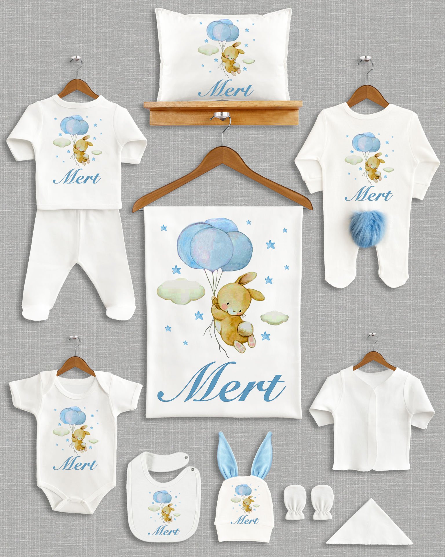 Balon Tutan Sevimli Tavşan Tasarımı Ponponlu Tavşan Kulaklı 11'li Organik Hastane Çıkışı