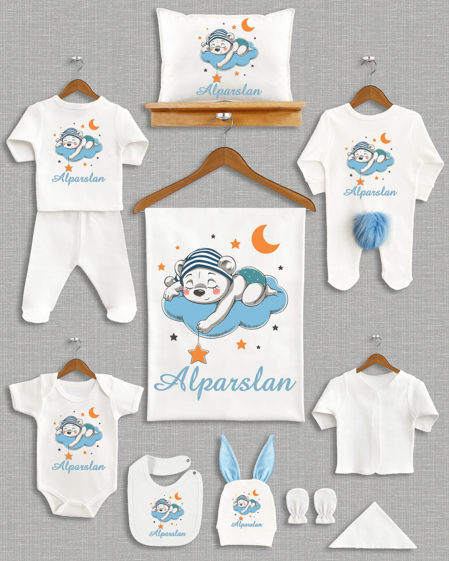 Bulut Üzerinde Uyuyan Sevimli Ayıcık Tasarımı  Ponponlu Tavşan Kulaklı 11'li Organik Hastane Çıkışı