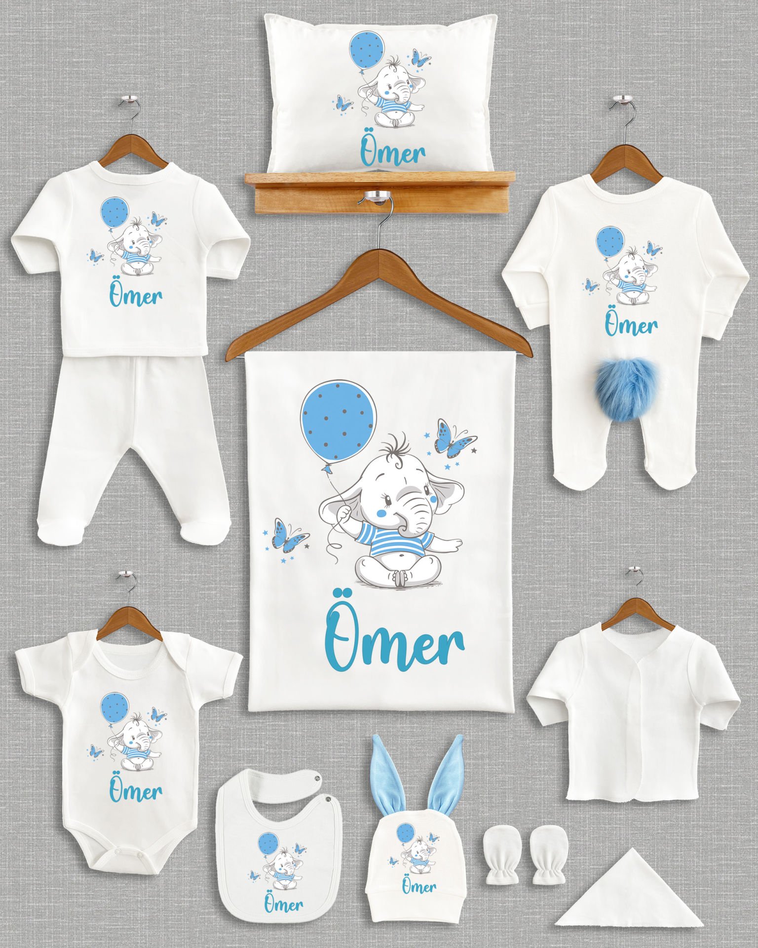 Balon Tutan Sevimli Fil Tasarımı  Ponponlu Tavşan Kulaklı 11'li Organik Hastane Çıkışı