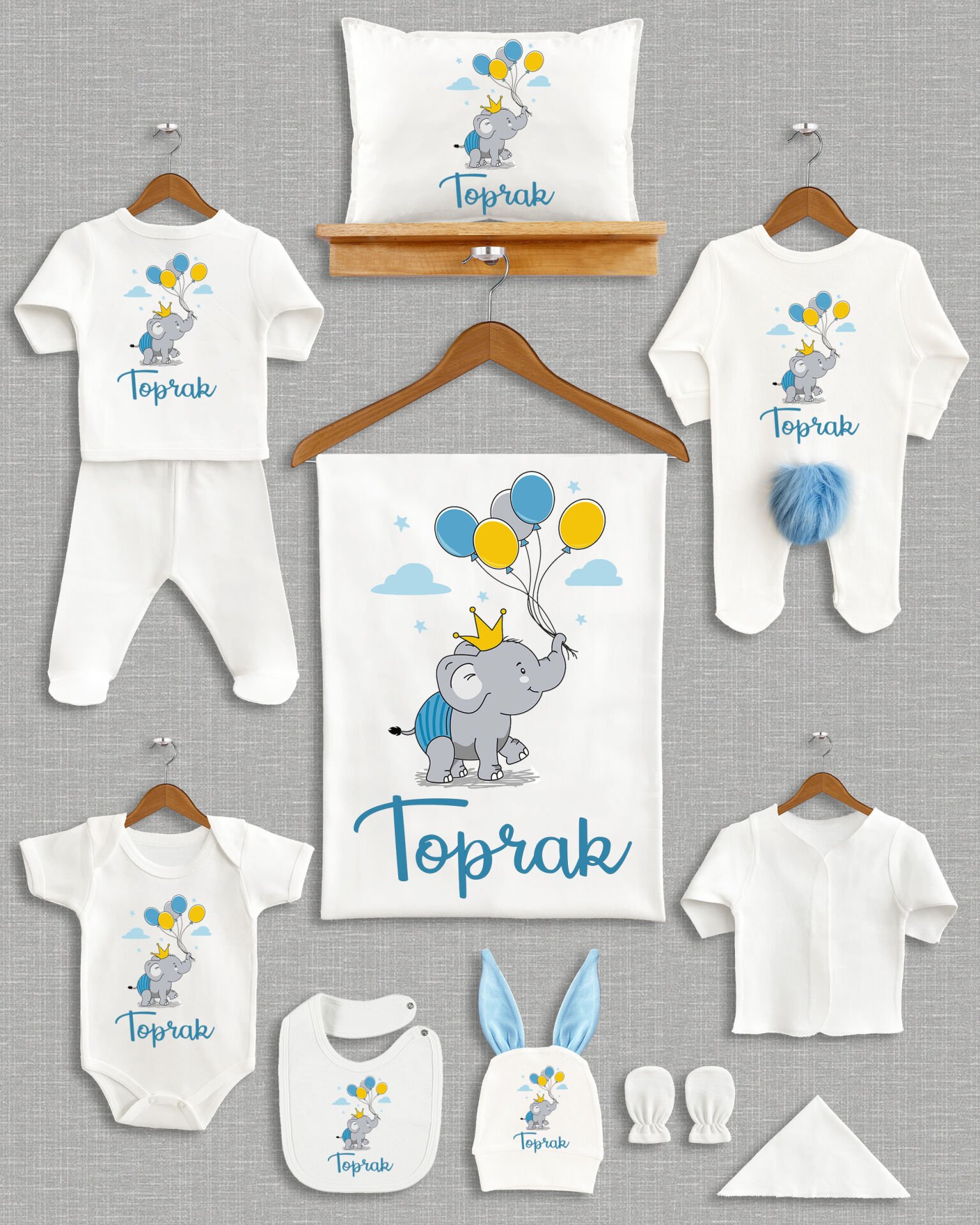 Balon Tutan Sevimli Fil Tasarımı  Ponponlu Tavşan Kulaklı 11'li Organik Hastane Çıkışı