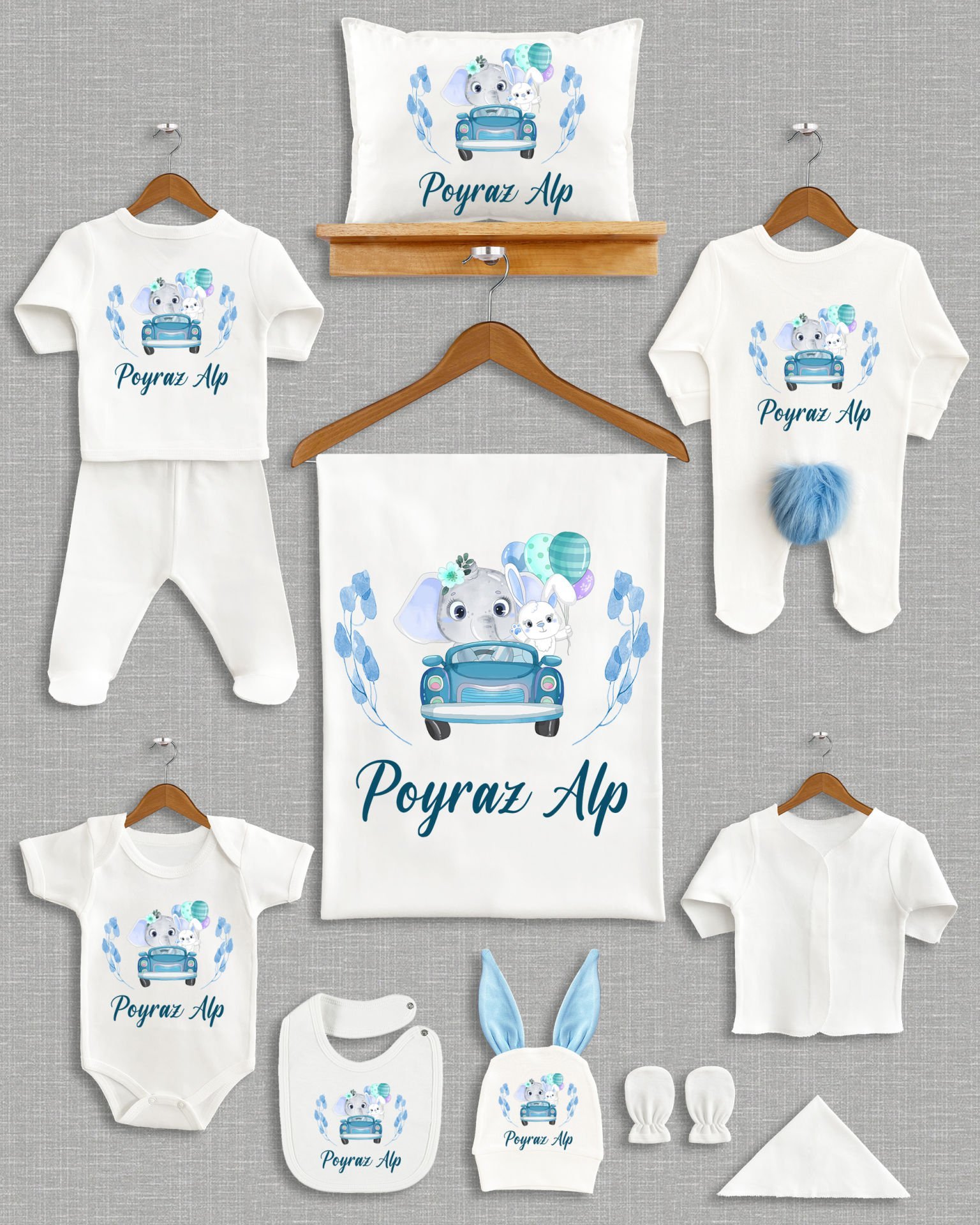 Arabada Sevimli Fil Tasarımı Ponponlu Tavşan Kulaklı 11'li Organik Hastane Çıkışı