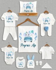 Arabada Sevimli Fil Tasarımı Ponponlu Tavşan Kulaklı 11'li Organik Hastane Çıkışı