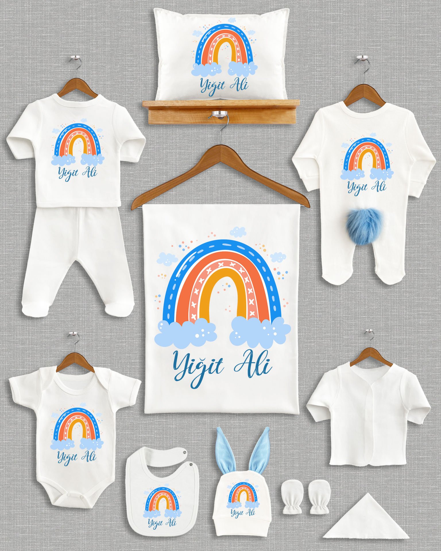 Renkli Gökkuşağı Tasarımı Ponponlu Tavşan Kulaklı 11'li Organik Hastane Çıkışı