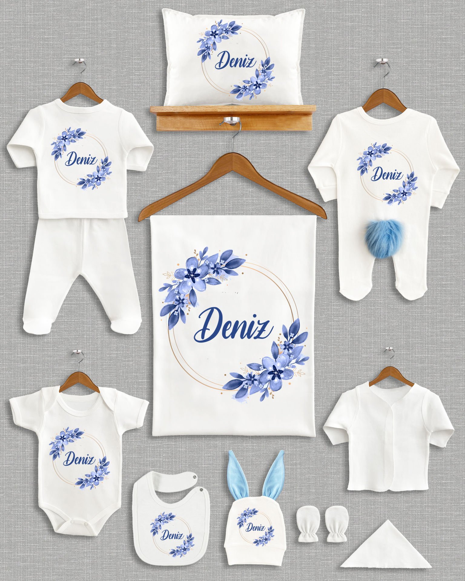 Mavi Yaprak Çelenk Tasarımı Ponponlu Tavşan Kulaklı 11'li Organik Hastane Çıkışı