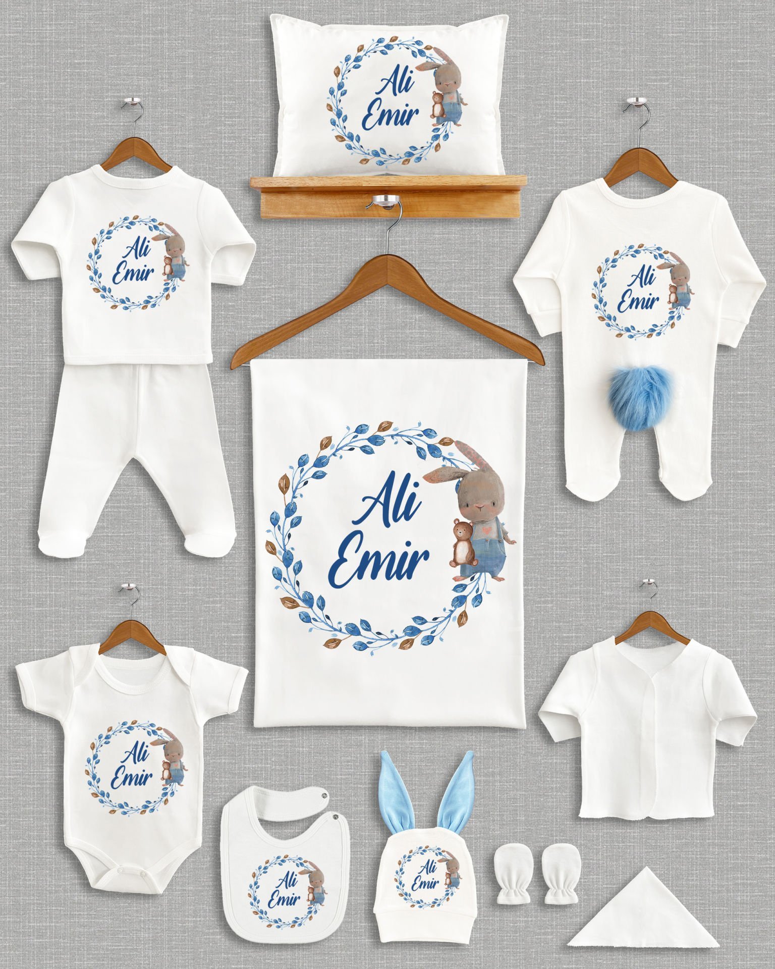 Mavi Çelenkli Sevimli Tavşan Tasarımı Ponponlu Tavşan Kulaklı 11'li Organik Hastane Çıkışı