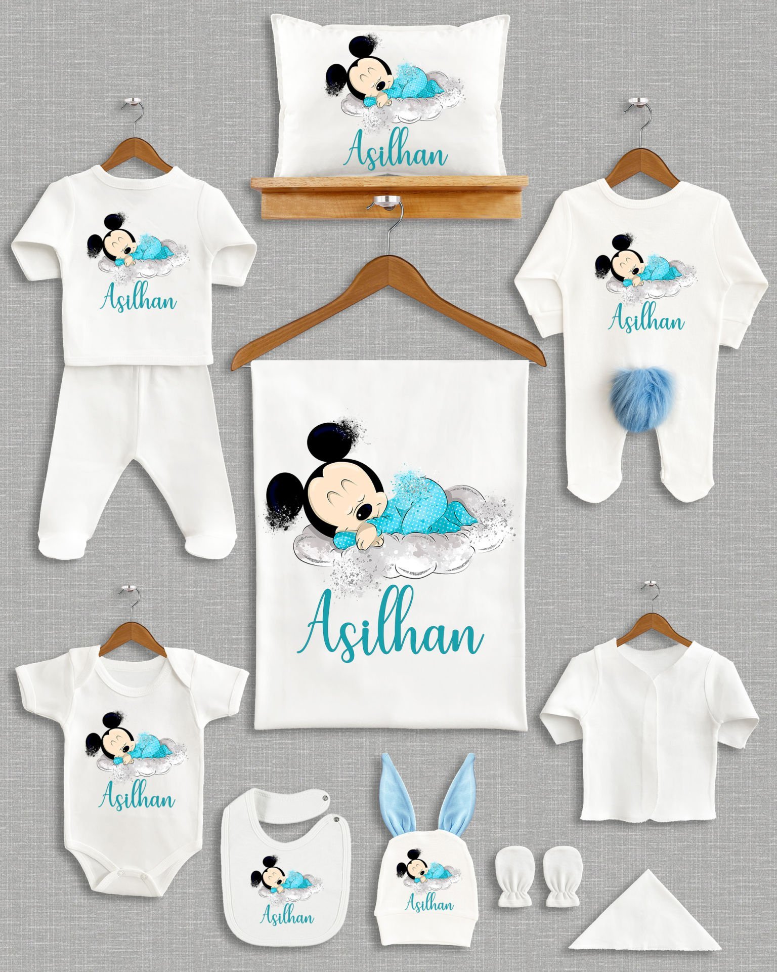 Mickey Mouse Tasarımı Ponponlu Tavşan Kulaklı 11'li Organik Hastane Çıkışı