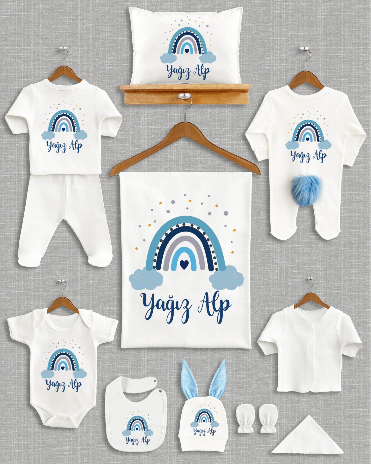 Mavi Gökkuşağı Tasarımı Ponponlu Tavşan Kulaklı 11'li Organik Hastane Çıkışı