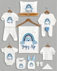 Mavi Gökkuşağı Tasarımı Ponponlu Tavşan Kulaklı 11'li Organik Hastane Çıkışı