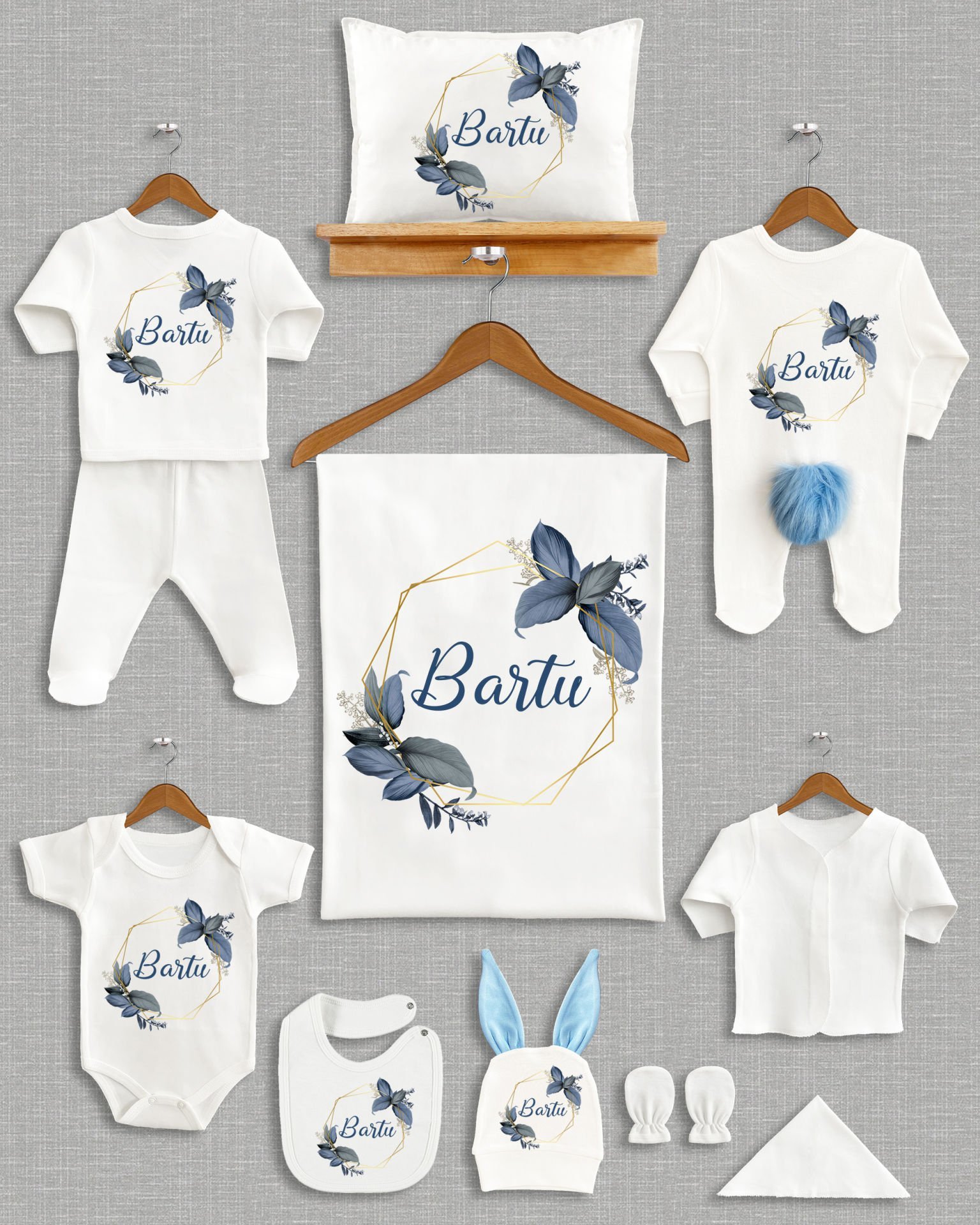 Mavi Yapraklı Çelenk Tasarımı Ponponlu Tavşan Kulaklı 11'li Organik Hastane Çıkışı