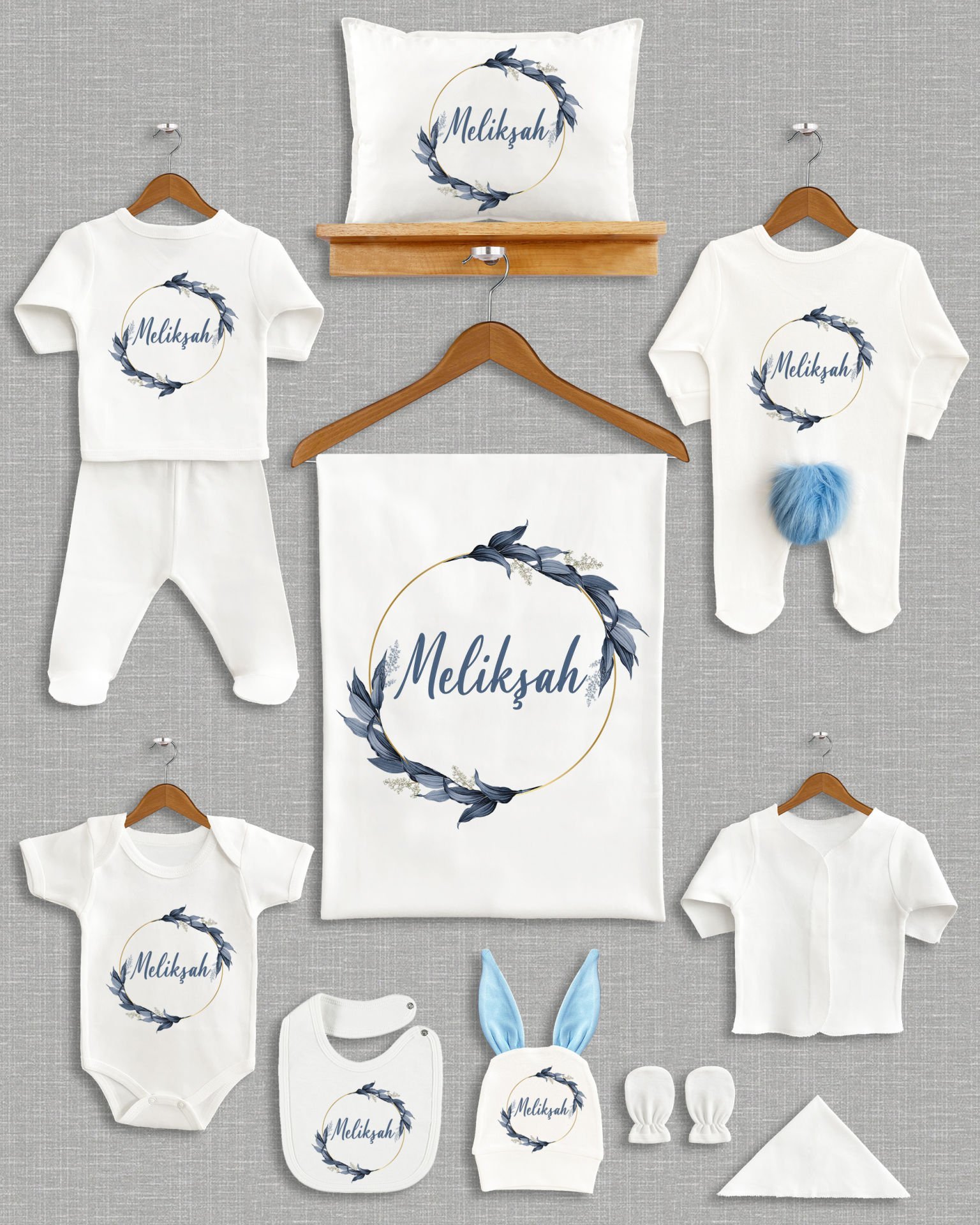 Mavi Yapraklı Çelenk Tasarımı Ponponlu Tavşan Kulaklı 11'li Organik Hastane Çıkışı