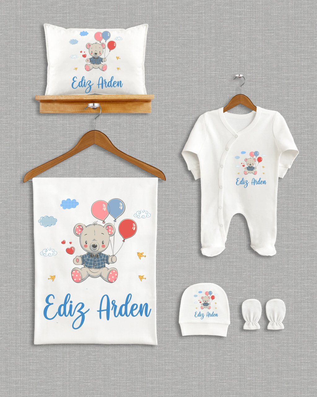 Balon Tutan Sevimli Ayıcık Tasarımı 5'li Organik Hastane Çıkışı