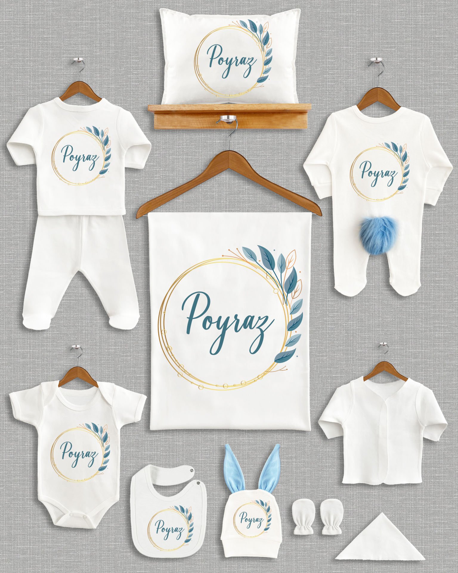 Mavi Yapraklı Çelenk Tasarımı Ponponlu Tavşan Kulaklı 11'li Organik Hastane Çıkışı