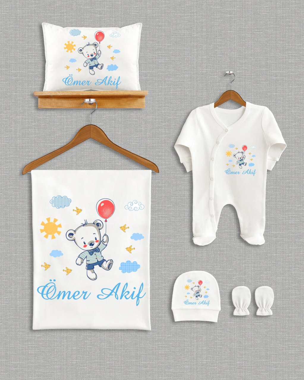 Balon Tutan Sevimli Ayıcık Tasarımı 5'li Organik Hastane Çıkışı