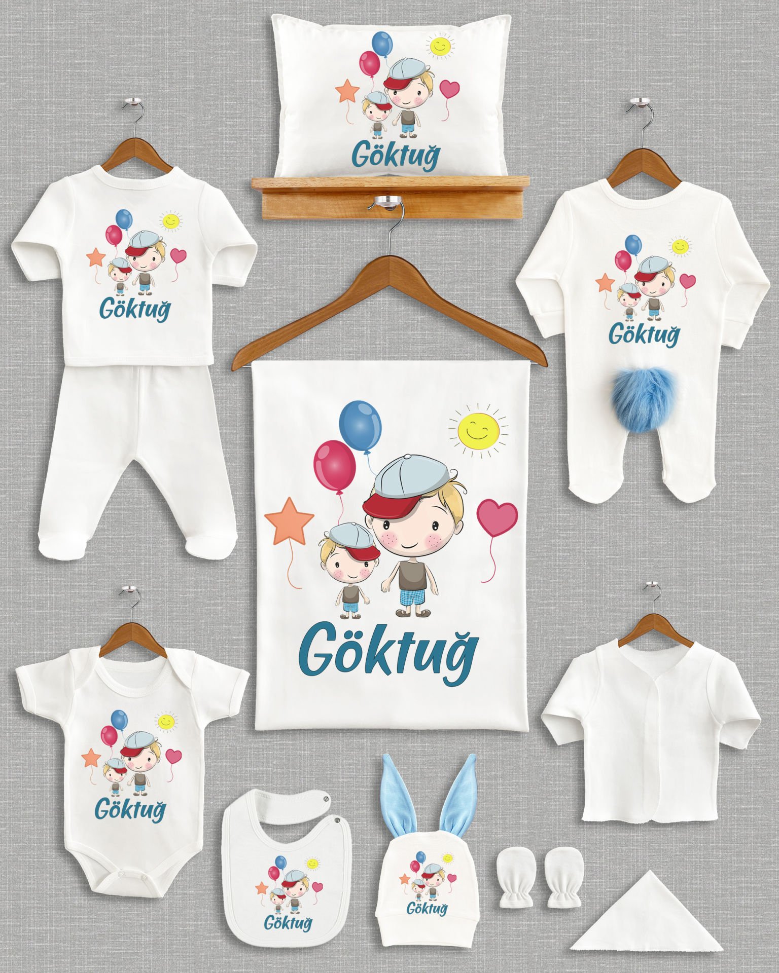 Sevimli Abi Kardeş Tasarımı Ponponlu Tavşan Kulaklı 11'li Organik Hastane Çıkışı