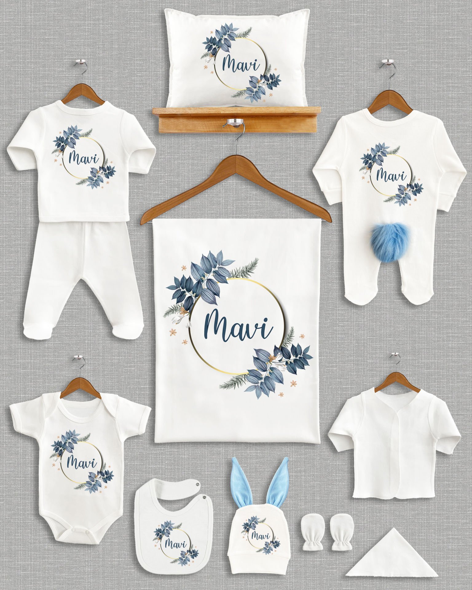 Mavi Yapraklı Çelenk Tasarımı Ponponlu Tavşan Kulaklı 11'li Organik Hastane Çıkışı