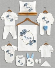 Mavi Yapraklı Çelenk Tasarımı Ponponlu Tavşan Kulaklı 11'li Organik Hastane Çıkışı