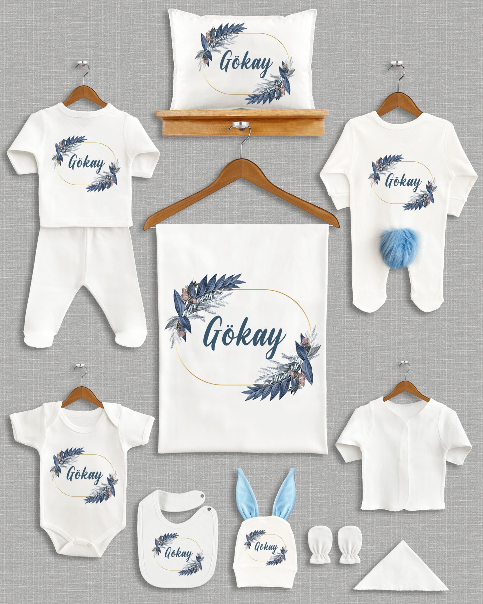 Mavi Yaprak Çelenk Tasarımı Ponponlu Tavşan Kulaklı 11'li Organik Hastane Çıkışı