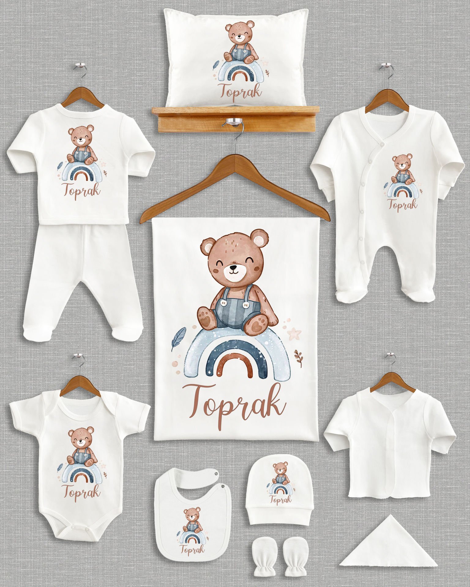 Gökkuşağında Sevimli Ayıcık Tasarımı 11'li Organik İsme Özel Hastane Çıkışı