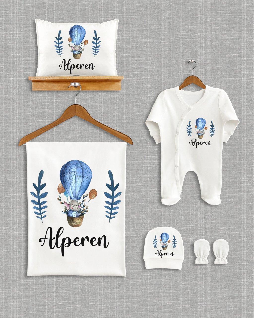 Mavi Uçan Balonlu Fil Tasarımı 5'li Organik Hastane Çıkışı