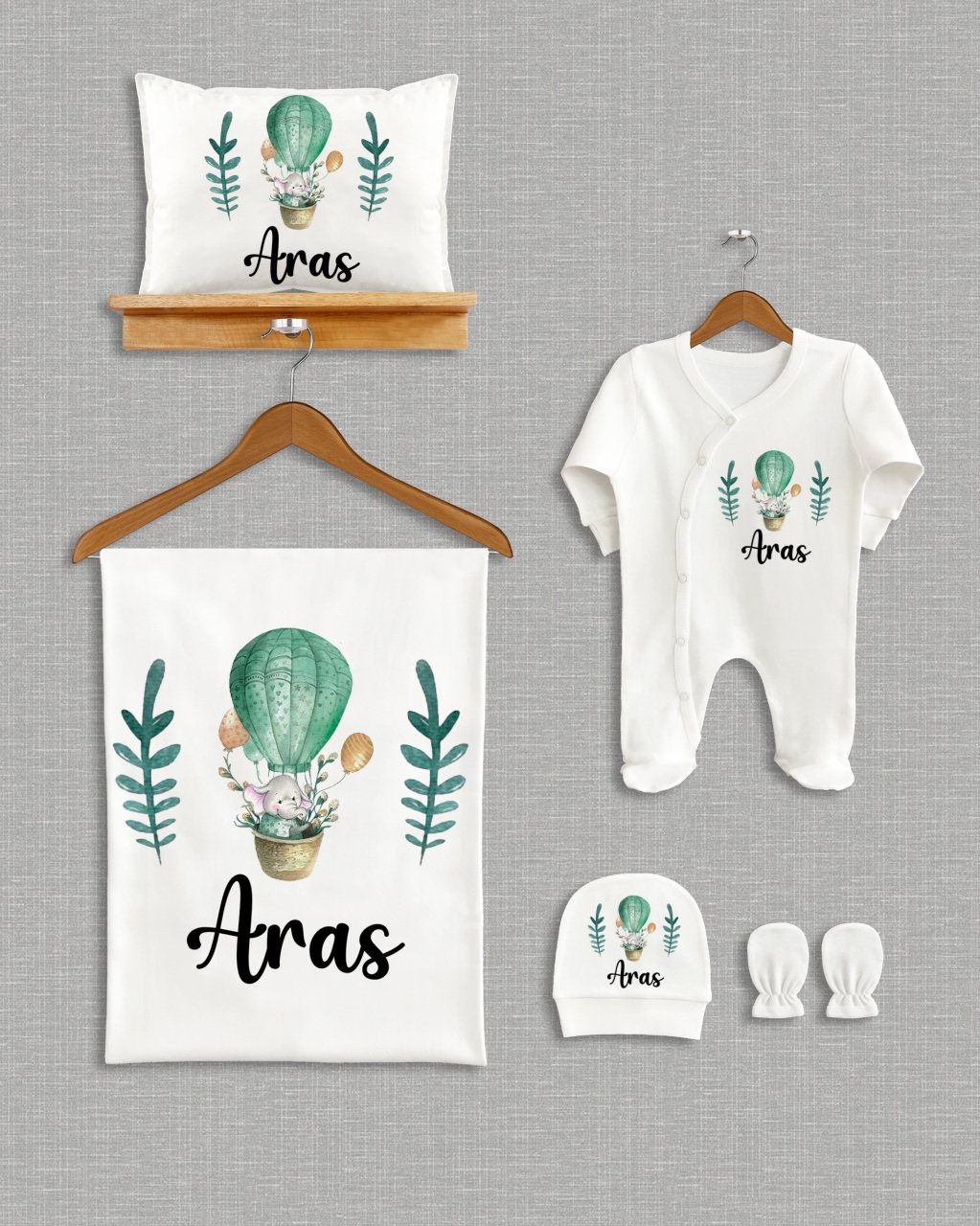 Yeşil Uçan Balonlu Fil Tasarımı 5'li Organik Hastane Çıkışı