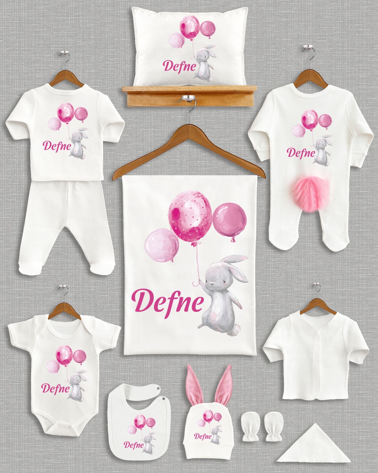 Balon Tutan Sevimli Tavşan Tasarımı Ponponlu Tavşan Kulaklı 11'li Organik Hastane Çıkışı