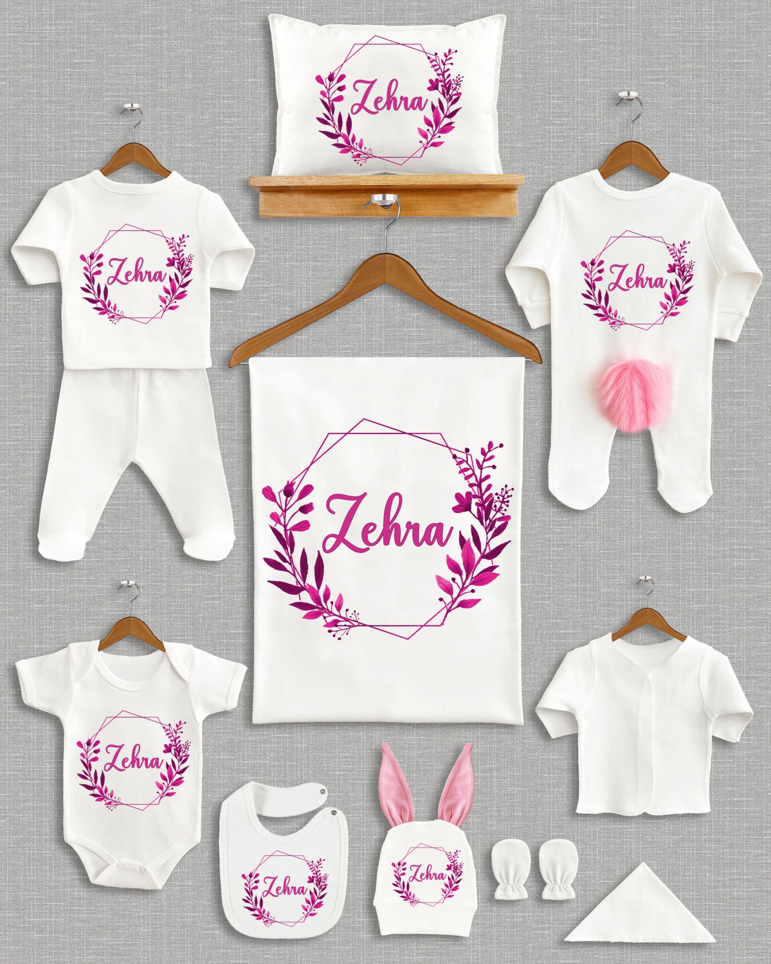 Pastel Yaprak Çelenk Tasarımı Ponponlu Tavşan Kulaklı 11'li Organik Hastane Çıkışı