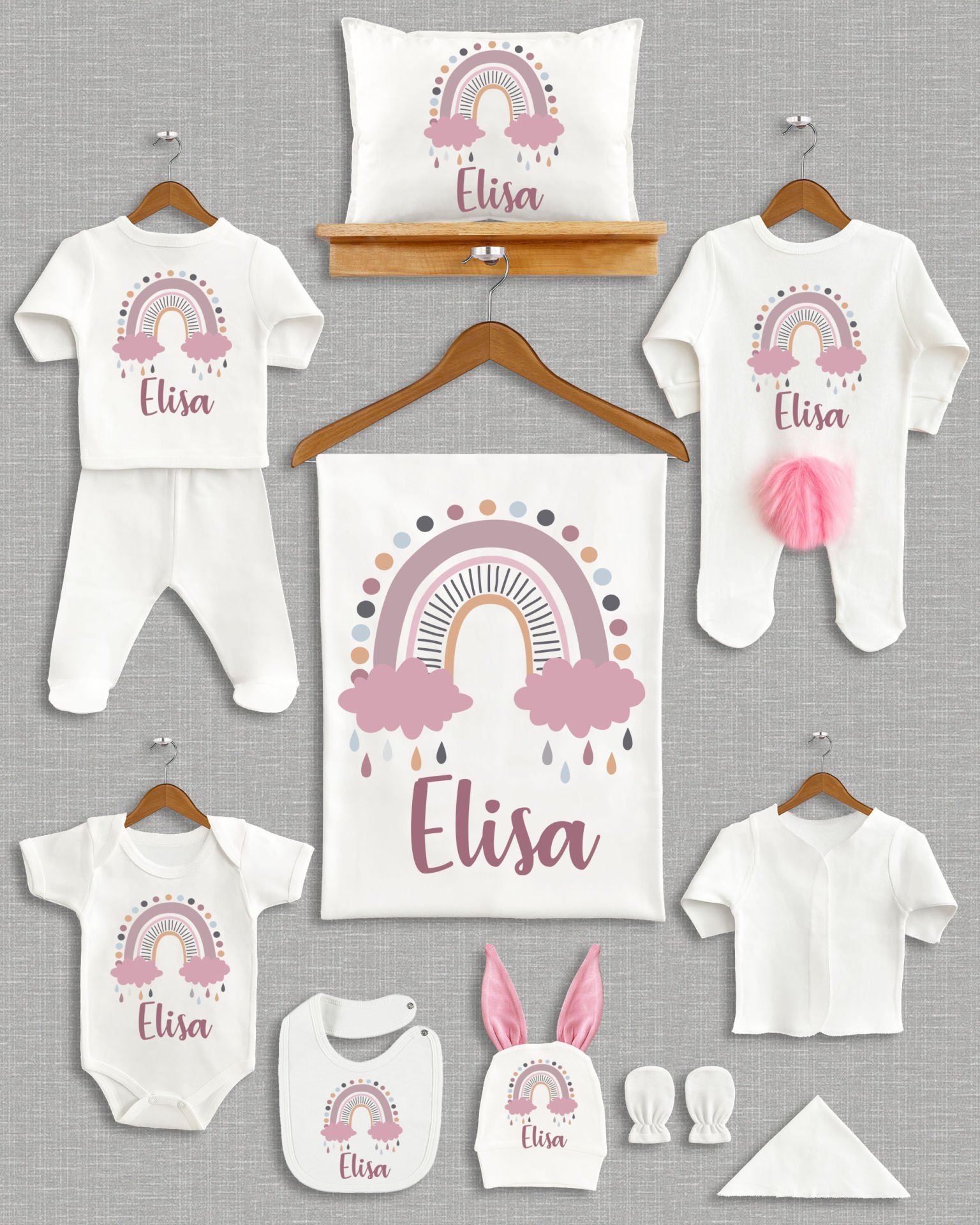 Gökkuşağı Tasarımı Ponponlu Tavşan Kulaklı 11'li Organik Hastane Çıkışı