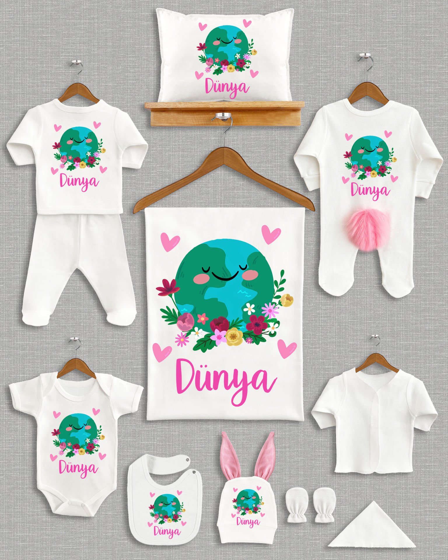 Çiçekli Dünya Tasarımı Ponponlu Tavşan Kulaklı 11'li Organik Hastane Çıkışı